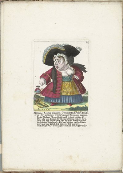 De dwerg Madame Sophia Luxuria, ca. 1710 Madame Sophia Luxuria, general Staabs kroppsvasker for det trimmede, gratis Granatir-Companie Capitana (tittel på objekt) Il Callotto resurcitato eller nyinnredet lite skap (serietittel) av Martin Engelbrecht (attributed to)