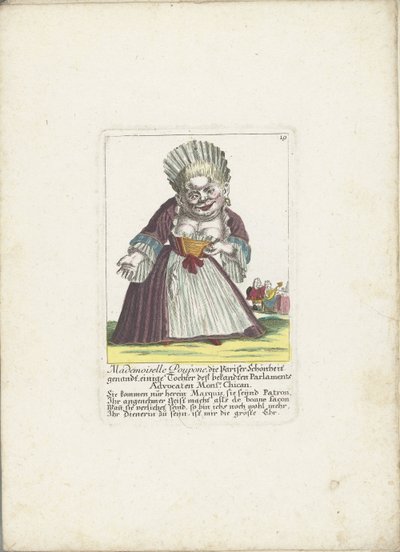 De dwerg Mademoiselle Poupon, som Parijse Schone, ca. 1710 Mademoiselle Poupone, den parisiske skjønnheten, en datter av den velkjente parlamentsadvokaten Monsr. Chican (tittel på objekt) Il Callotto resurcitato eller nyinnredet Zwerchen-hytte av Martin Engelbrecht (attributed to)