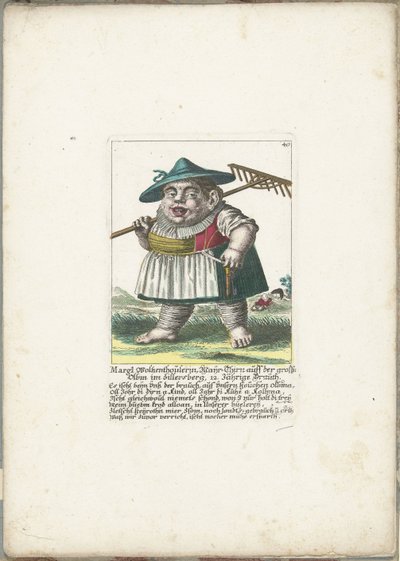 Dvergen Margl Woltzenthoulerin, ca. 1710 Margl Woltzenthoulerin, Mayr-Thirn auff der grossn Olbm im Zillersberg, 12. Jährige Brauth (tittel på objekt) Il Callotto resurcitato eller nyutnevnt Zwerchen-kabinett (serietittel) av Martin Engelbrecht (attributed to)