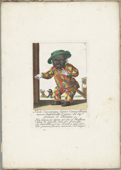 De dwerg Nicolo Caccatrippa som harlekijn, ca. 1710 Nicolo Caccatrippa, berømt Canaia Bergamasca, Ambasciador d'amori av Mr. Gratian av Blounia (tittel på objekt) Il Callotto resurcitato oder Neu eingerichtes Zwerchen Cabinet (serietittel) av Martin Engelbrecht (attributed to)