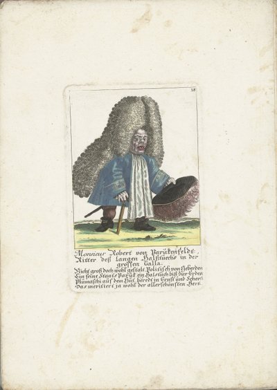 Dwergen Robert von Parukenfeldt, ca. 1710 Monsieur Robert von Parukenfeldt, Knight of the Long Neck Cloth i Great Galla (tittel på objekt) Il Callotto resurcitato eller nyinnredet lite skap (serietittel) av Martin Engelbrecht (attributed to)