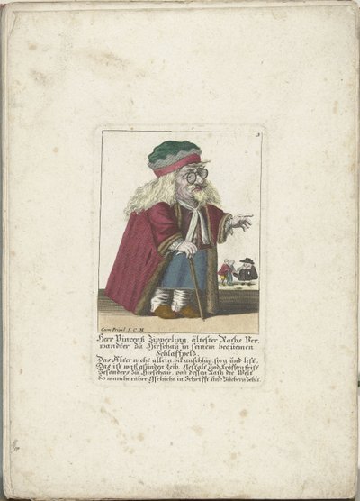 Dwerg Vincentz Zipperling in een bontjas, ca. 1710 Herr Vincentz Zipperling, Raths eldste slektning i Hirschau, i sin komfortable slakke frakk (tittel på objekt) Il Callotto resurcitato eller nyinnredet lite skap (serietittel) av Martin Engelbrecht (attributed to)