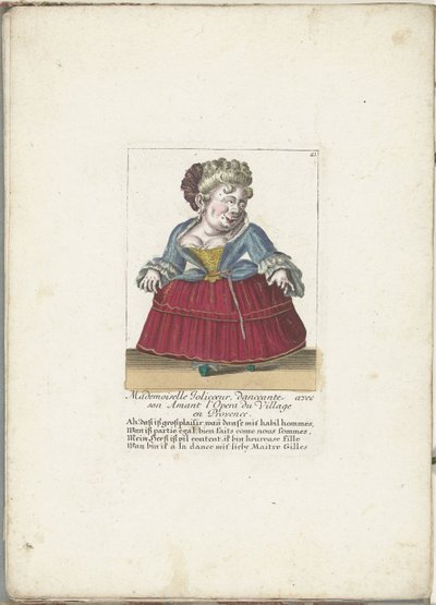 Dwerg als de Franse Mademoiselle Jolicoeur, ca. 1710 Mademoiselle Jolicoeur, danser med sin elsker ved Opera du Village i Provence (tittel på objekt) Il Callotto resurcitato oder Neu eingerichtes Zwerchen Cabinet (serietittel) av Martin Engelbrecht (attributed to)