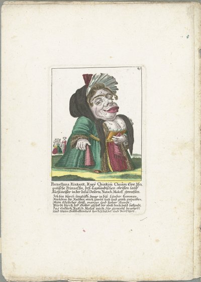 Karikatur av Porzellana Kinkank Porzellana Kinkank, Kuey Chinkim Choâm En mogolsk prinsesse, det lappiske landet hadde Kuchlmeister på øya Deserta Nutsch Moloff, kone (tittel på objekt) Il Callotto resurcitato eller ommøblert av Martin Engelbrecht (attributed to)