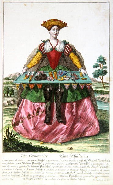 En skomaker, ca. 1735 (fargegravering) av Martin Engelbrecht