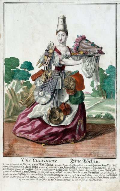 En kokk. Gravering av Martin Engelbrecht (1684-1756), i "" New assembly of the manouvries habilles"" 1700-tallet, Tyskland. Paris, dekorativ kunst av Martin Engelbrecht