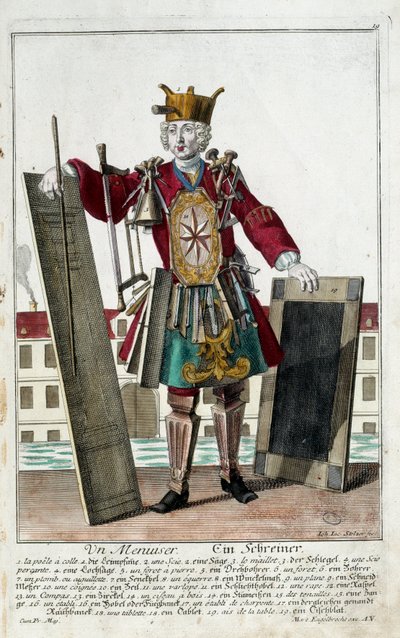 Metier: En snekker. Gravering av Martin Engelbrecht (1684-1756), i "" New assembly of the manouvries habilles"" 1700-tallet, Tyskland. Paris, dekorativ kunst av Martin Engelbrecht