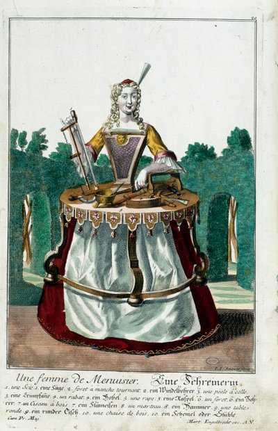 Metier: En snekkerkone. Gravering av Martin Engelbrecht (1684-1756), i "" New assembly of the manouvries habilles"" 1700-tallet, Tyskland. Paris, dekorativ kunst av Martin Engelbrecht