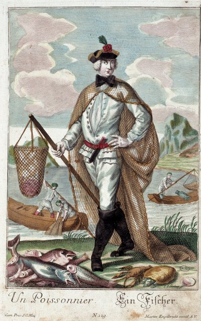 Metier: Et fisketre. Gravering av Martin Engelbrecht (1684-1756), i "" New assembly of the manouvries habilles"" 1700-tallet, Tyskland. Paris, dekorativ kunst av Martin Engelbrecht