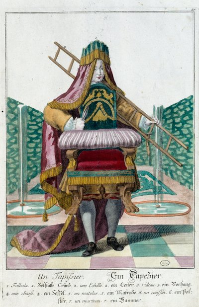 Metier: En møbeltrekk. Gravering av Martin Engelbrecht (1684-1756), i "" New assembly of the manouvries habilles"" 1700-tallet, Tyskland. Paris, dekorativ kunst av Martin Engelbrecht