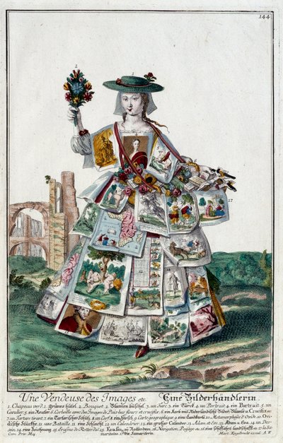 Metier: En bildeselger. Gravering av Martin Engelbrecht (1684-1756), i "" New assembly of the manouvries habilles"" 1700-tallet, Tyskland. Paris, dekorativ kunst av Martin Engelbrecht