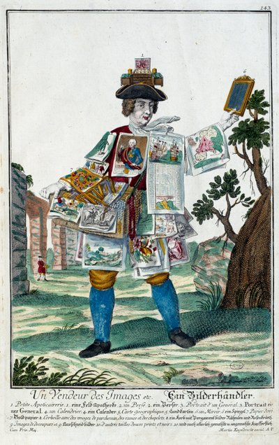 Metier: En bildeselger. Gravering av Martin Engelbrecht (1684-1756), i "" New assembly of the manouvries habilles"" 1700-tallet, Tyskland. Paris, dekorativ kunst av Martin Engelbrecht