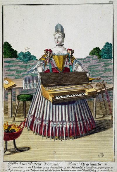 Orgelmakerens kone, gravering fra Assemblage des nouveau manouvries habilles av Martin Engelbrecht (1684-1756), Tyskland av Martin Engelbrecht