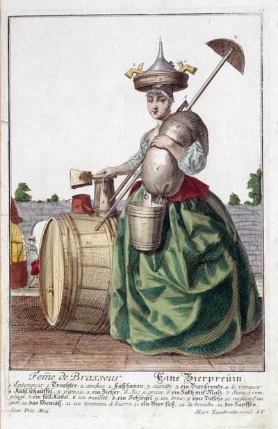 Representasjon av kona til en brygger, som bærer en trakt på hodet, en kornpose, en bolle, en bøtte, en øltønne. Gravering av Martin Engelbrecht (1684-1756) av Martin Engelbrecht