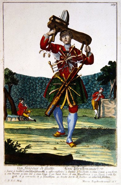 The Flute Maker, ca. 1735 (farget gravering) av Martin Engelbrecht