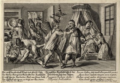 Pandurene på besøk hos jødene - Englebrecht, Martin (1684-1756) - ca 1756 - Kobberstikk - 21,3x30,9 - Privat samling av Martin Engelbrecht
