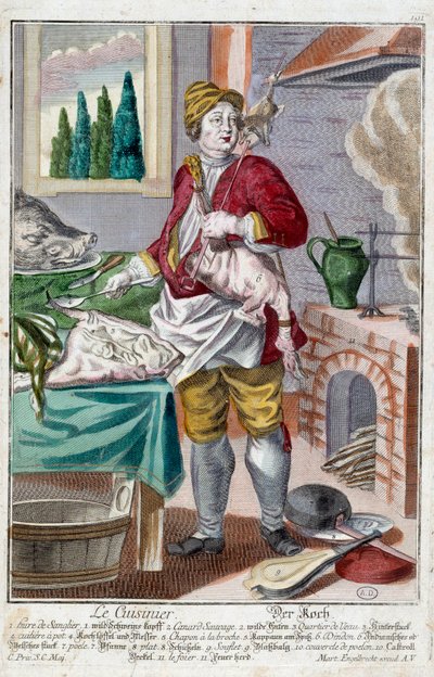 Kokken. Gravering av Martin Engelbrecht (1684-1756), i "" New assembly of the manouvries habilles"" 1700-tallet, Tyskland. Paris, dekorativ kunst av Martin Engelbrecht