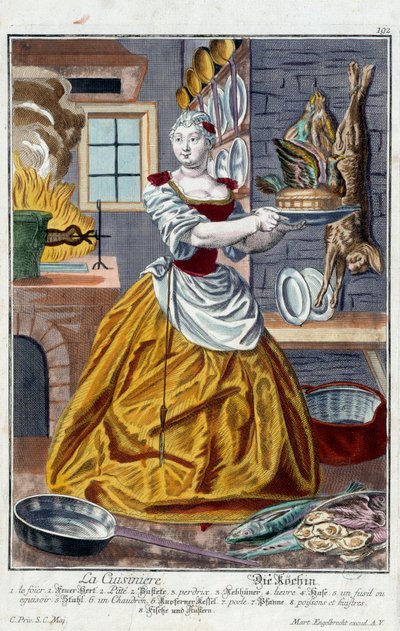 Kokken. Gravering av Martin Engelbrecht (1684-1756), i "" New assembly of the manouvries habilles"" 1700-tallet, Tyskland. Paris, dekorativ kunst av Martin Engelbrecht