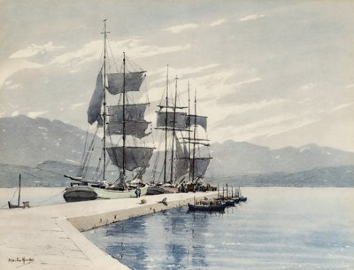 Seilskuter ved en kai (akvarell på papir) av Martin Hardie