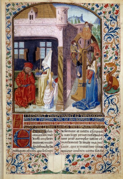 Allegory of Fortune: representasjon av en ung kvinne nær et lykkehjul. Miniatyr fra «The Spirit of Fortune and Virtue» av Martin Le Franc (1410-1461) 1447-1448, Paris B.N. av Martin Le Franc