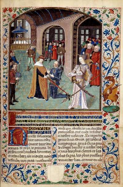 Allegory of Virtue: vasall som hyller sin herre i nærvær av dyd. Miniatyr fra «The Spirit of Fortune and Virtue» av Martin Le Franc (1410-1461) 1447-1448, Paris B.N. av Martin Le Franc