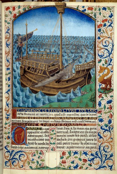 Representasjon av et skip til sjøs - Miniatyr fra "The spirit of fortune and dyd" av Martin Le Franc (1410-1461) 1447-1448 - Paris B.N. - Ship at sea - Miniatyrmaleri fra manuskriptet "The spirit of fortune and dyd" av Martin Le Franc (1410-1461) av Martin Le Franc