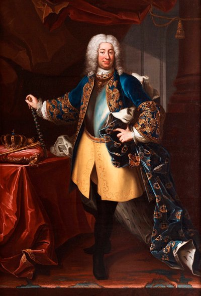 Portrett av Frederick I (Frederick I) (1676-1751) Konge av Sverige og Prins av Finland (Portrett av kong Fredrik I av Sverige (1676-1751)) Maleri av Martin Meytens dit le jeune (1695-1770), ca 1730 - Olje på lerret, 234x158 - Privat samling av Martin Meytens the Younger