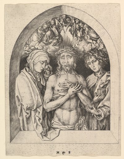 Kristus som sorgens mann med jomfruen og den hellige Johannes, ca. 1435-1491. av Martin Schongauer
