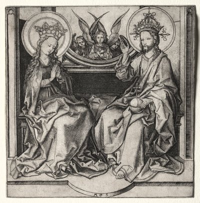 Gud Faderen og den velsignede jomfruen på tronen til stede av engler, ca. 1480-90. av Martin Schongauer