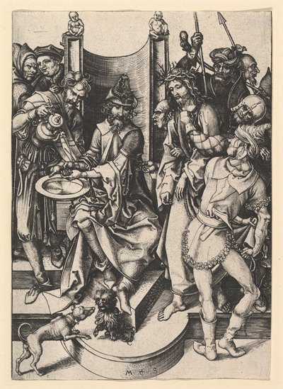 Pilatus vasker hendene, ca. 1435-1491. av Martin Schongauer