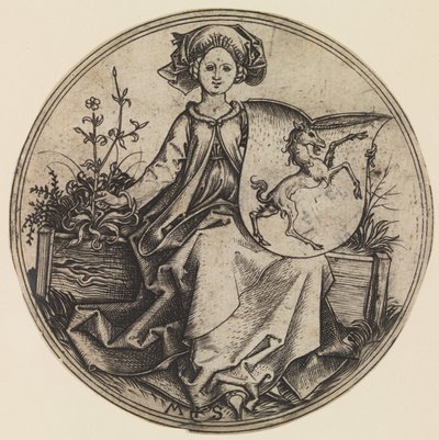 Sittende dame som holder et skjold med en enhjørning, ca. 1435-1491., ca. 1435-1491. av Martin Schongauer