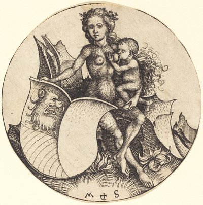Skjold med løvehode, holdt av Wild Woman av Martin Schongauer