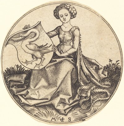 Skjold med svane, holdt av kvinne av Martin Schongauer