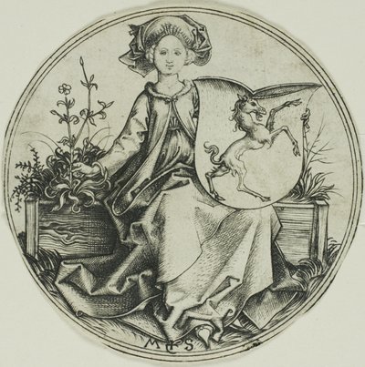 Skjold med en enhjørning, holdt av en dame av Martin Schongauer
