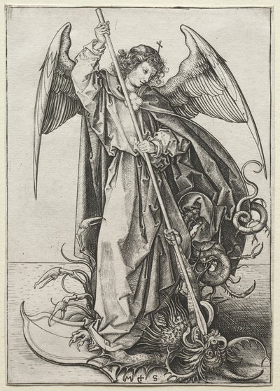 Erkeengelen Michael gjennomborer dragen av Martin Schongauer