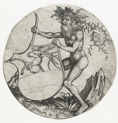 Våpenskjold med en hjort, holdt av en vill mann med en kølle Figurer med våpenskjold (serietittel) av Martin Schongauer
