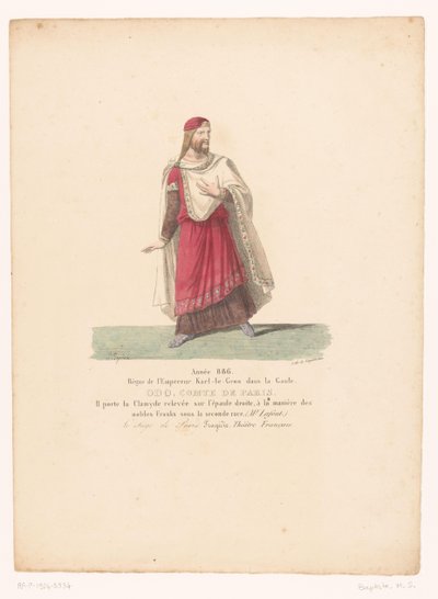 Kostuum van Odo I, kongen van West-Francië ut av tragedien Beleiringen av Paris Odo, greve av Paris (tittel på objekt) Theaterkostuums (serietittel) French Theatre: samling av kostymer av MM. J. Alaux og L. Duponchel fra manuskripttegningene til av Martin Sylvestre Baptiste