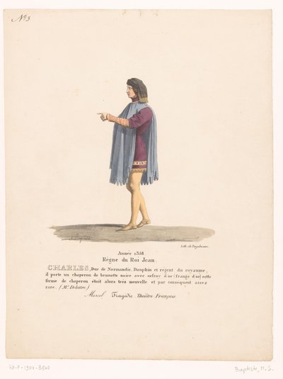Kostuum van de dauphin Karel van Valois ut av tragedien Marcel Charles, hertug av Normandie (tittel på objekt) Theaterkostuums (serietittel) French Theatre: samling av kostymer av MM. J. Alaux og L. Duponchel fra manuskripttegninger i Bibliot av Martin Sylvestre Baptiste
