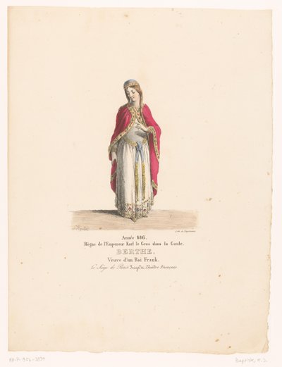 Kostuum van koningin Berthe uit de tragedie Beleiringen av Paris Berthe (tittel på objekt) Theaterkostuums (serietittel) French Theatre: samling av kostymer av MM. J. Alaux og L. Duponchel basert på manuskripttegninger fra Bibliothèque de la Comédie- av Martin Sylvestre Baptiste