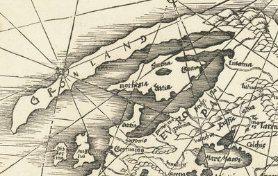 Kart over Nordsjøen fra 1513 som viser Grønland forbundet med Skandinavia av Martin Waldseemuller