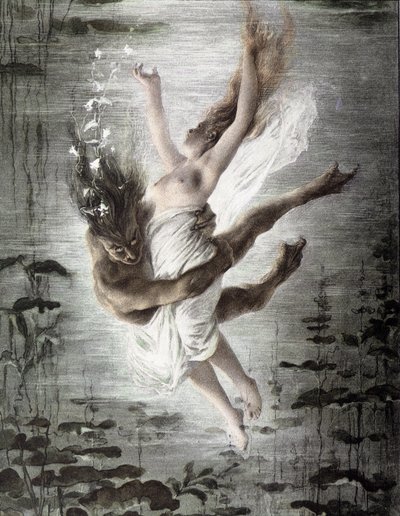 Marinemonster som bortfører en ung kvinne (detalj fra 14299), "" Allegorien", Martin Gerlach, ca. 1900. av Martin senior Gerlach