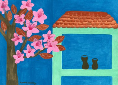 Den blomstrende blodplommen på det myntegrønne huset av Martina Konitzky