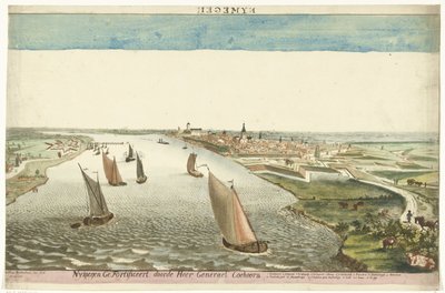 Utsikt over festningsverkene nær Nijmegen på Waal Nymegen befestet av Sir Generael Coehoorn (tittel på objekt) av Martinus Berkenboom