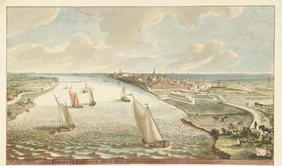 Utsikt over festningsverkene nær Nijmegen på Waal Nymegen forsterket av Sir General Coehoorn (tittel på objekt) av Martinus Berkenboom