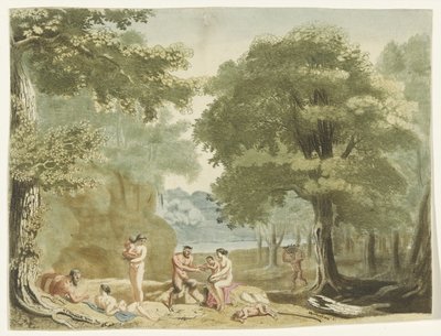Nymfer og satyrer i et landskap. av Martinus Berkenboom