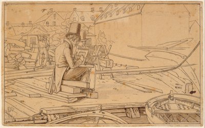 Et kunstnermaleri av et verft av Martinus Rørbye