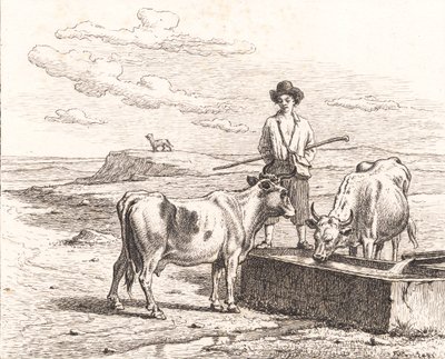 En gjetergutt ved et vanningstrau. Illustrasjon for Chr. Winther "Tjuefem bilder for små barn" av Martinus Rørbye
