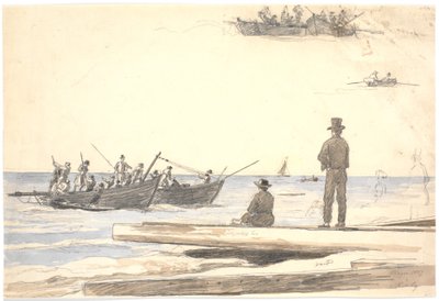 To fiskebåter seiler mot Skagens strand av Martinus Rørbye
