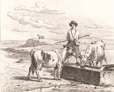 En gjetergutt ved et vanningstrau. Illustrasjon for Chr. Winther "Tjuefem bilder for små barn" av Martinus Rørbye