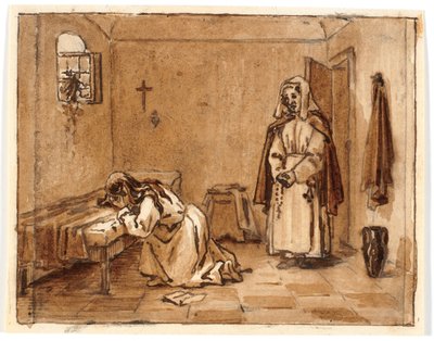 Komposisjonsstudie med en gråtende kvinne på knærne, på gulvet et brev, bak seg en nonne av Martinus Rørbye